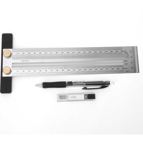 200 mm T-förmiges Zeichenlineal aus Edelstahl mit automatischem Druckbleistift (1/5)