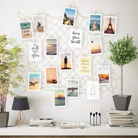 Porte Photo Mural Filet Décoratif, Cadre Photo Pêle Mêle DIY Décoration Mural, Pêle Mêle Photo Mural avec 40 Pinces en Bois et 10 Clous Non Marquants pour Maison Mariage Anniversaire 60x60 cm (1/5)