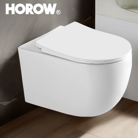 Cuvette WC Suspendu sans Rebord avec Charniere Abattant Soft-Close - Toilette Suspendu en Céramique Blanc - Chasse d'Eau Directe et sans Bordure-52,5 x 36,5 x 36 cm (1/5)