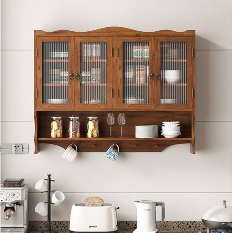 Armadio da parete 100 cm, 4 ante, con ripiani estraibili e appendiabiti aperto, marrone OKMYHOME (1/5)