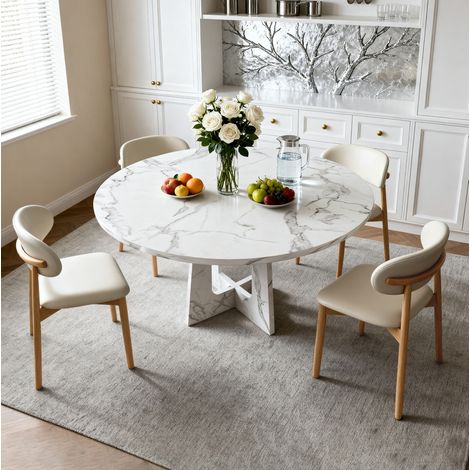 Ensemble table et chaises avec table ronde Ø 120 cm et 4 chaises en PU, plateau MDF effet marbre blanc, pieds en bois (1/5)
