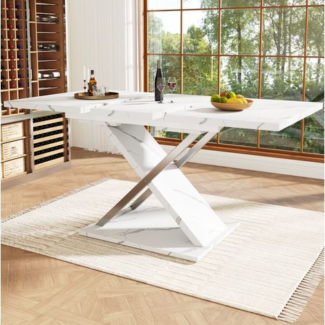 Mesa de comedor extensible 118-157x75x76.4 cm blanca en MDF y metal con patas cruzadas y guía bloqueable (1/5)