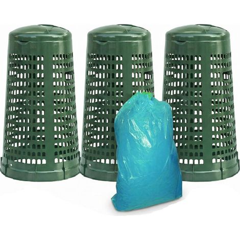 Set 3 Trespoli Bidone Verde + 20 Sacchi Spazzatura Omaggio da Esterno 100 Litri con Coperchio e Anello Fermasacco contenitore cestino in Plastica Traforata Anti Odore per Giardino e Differenziata, (1/5)