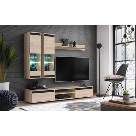 Ensemble meuble TV mural Modo avec vitrine - Bois MDF noir et chêne Hickory Jackson - 175 x 150 x 37 cm - Livraison gratuite (1/3)