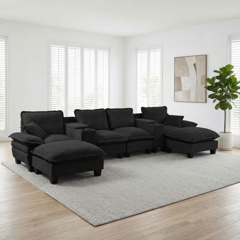 Divano modulare a U 392x151x90 cm, con vani portaoggetti, porta bicchieri, USB, tessuto chenille nero (1/5)