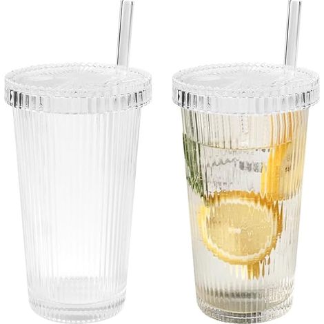 Juego de 2 vasos de agua de vidrio con tapa y pajita - 380 ml - Vasos para café - Vasos para bebidas largas (1/5)