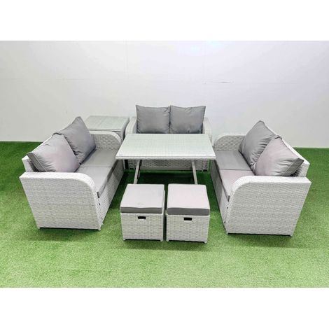 Fimous Rattan Garden Furniture Dining Set 8-seater Patio Rectangular Table Love Sofa Set with Side Table 2 Small Stools (1/4)