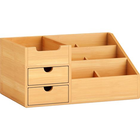 Organizer da Scrivania Bagno Cosmetici Makeup 33x20,5x15,5 cm con Cassetti e Scomparti Aperti in Bambù (1/5)