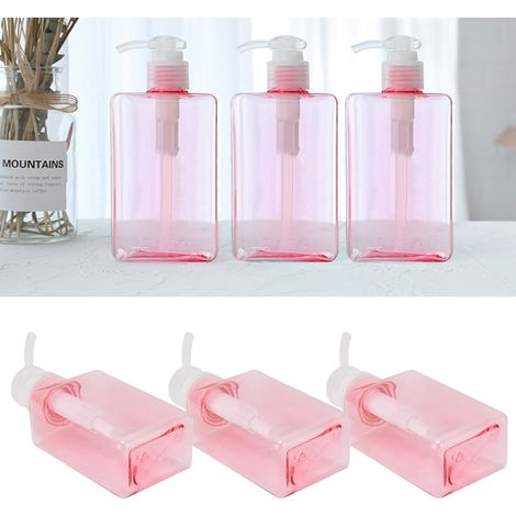 Reiseflasche – 3-teilig aus PET/PP – 100 ml, transparent rosa – nachfüllbar mit ergonomischer Pumpe für Shampoo, Duschgel und flüssige Creme (1/5)