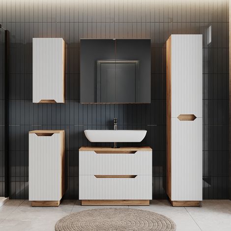 Juego de muebles de baño Lotta, Roble/rayas blancas, 5 partes, Vicco (1/5)