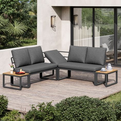 4-5 Seater Garden Outdoor Set with Flexibly Convertible Plastic Wood Tables, Adjustable Corner Sofa and Lounge Chair, Weather-Resistant Patio Furniture for Garden, Balcony and Terrace, Linen, Grey