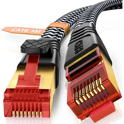 Cat 8 Câble Ethernet 5m, Câble RJ45 Internet, Réseau Super Débit 40Gbps 2000MHz Haut Débit S/FTP, Câble LAN Plat Nylon Tressé Compatible avec Routeur Switch TV Box Internet (5M) (1/5)