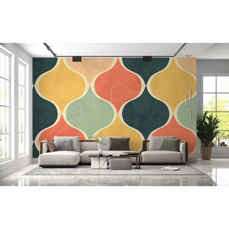 Papier peint rétro - vagues art déco orange et vertes - 150 x 250 cm (1/2)