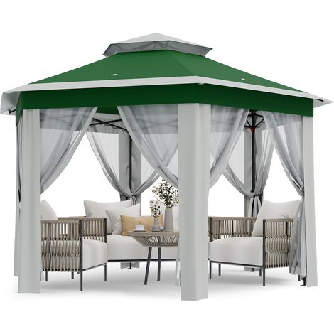 Tonnelle hexagonale pliante 4x4 m - double toit ventilé, moustiquaire, imperméable, anti-UV (1/5)