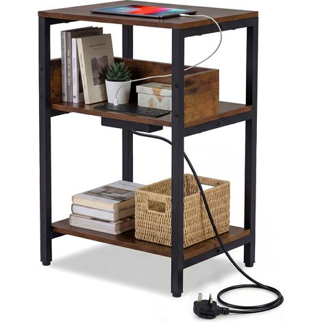 COSTWAY 40x30x61cm 3-Level End Table with Charging Station USB Type-C Outlets Rustic Brown (1/5)