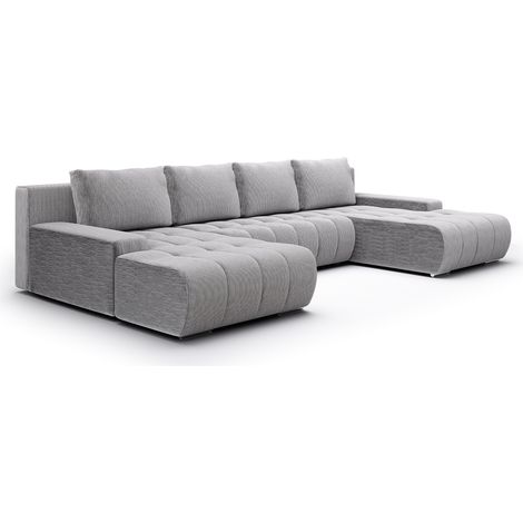 Canapé U 5 places convertible coffre Jonas velours côtelé Gris Clair (1/5)
