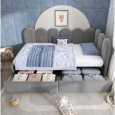 Lit rembourré en velours gris 90x190 cm avec 2 tiroirs et sommier à lattes (1/5)