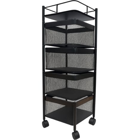 Resserre Métallique Carrée 4 Niveaux à Roulettes Noir Rangement Cuisine/Bureau/Salle de Bain 28 x 28 x H 75 cm - Livraison gratuite