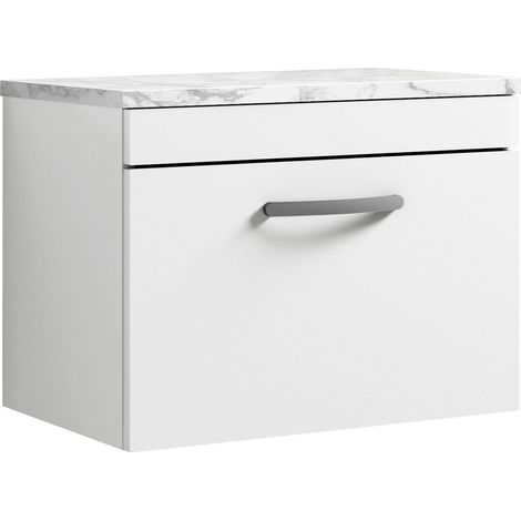 Nuie Athena Wall Hung 1-Drawer Vanity Unit with Carrera Marble Worktop 600mm Wide - Gloss White (1/4)