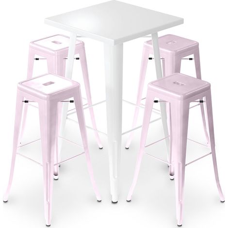 Pack White Stool Table and Pack of 4 Bar Stools - Industrial Design - Metal - New Edition - Bistrot Stylix Pastel pink (1/5)