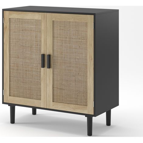Armoire de rangement 2 portes en rotin 80 cm noir avec poignées en bois massif (1/5)