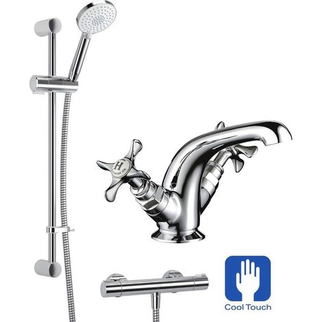 Mira Thermostatic Bar Mixer Shower Cool Touch + Riser + Virtue Mono Basin Tap (1/5)
