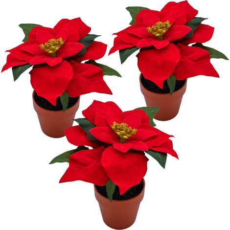 Künstlicher Weihnachtsstern im Blumentopf 20 cm - 3er Set - Kunstblume Poinsettia in naturgetreuer Nachbildung - Christblume Deko Pflanze Seidenblume Kunstpflanze Winterblume mit samtigen Blüten