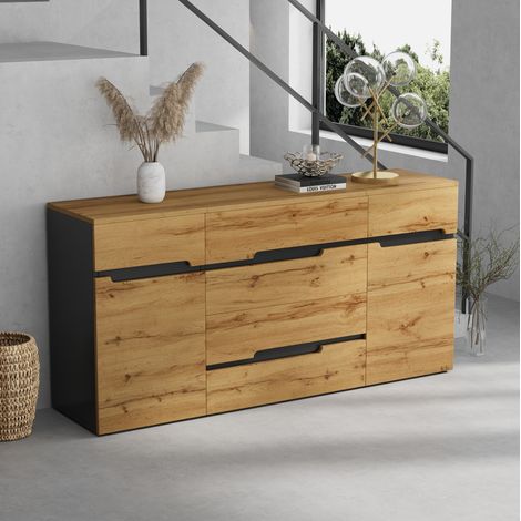 Buffet 160x40x80 cm noir et décor bois en panneaux de particules avec 2 portes, 4 tiroirs et rangement modulable (1/5)