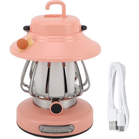 Rechargeable Retro Camping Lantern, Infinite Dimming, 3 Color Temperature Levels, Pink Portable Emergency Tent Light (1/5)