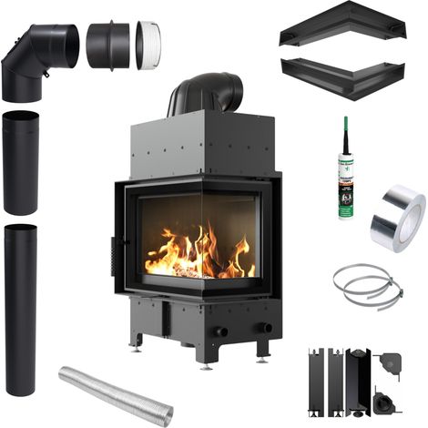 Eck Kamineinsatz KRATKI FLOKI 8kW Ø160 rechts schwarz mit Schließung Set (1/5)