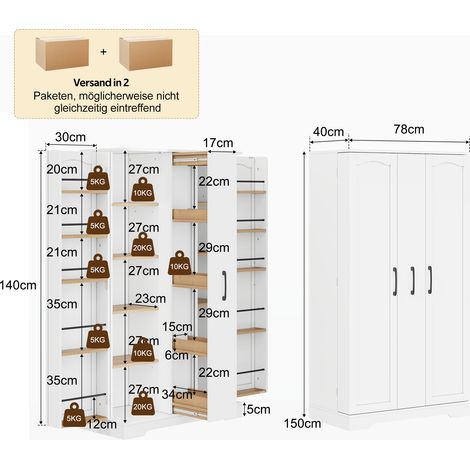 Meuble de cuisine avec étagère à épices, spacieux meuble à double porte avec tiroir vertical coulissant à 4 niveaux, étagères réglables et design moderne – 150 × 78 × 40 cm, blanc (1/5)