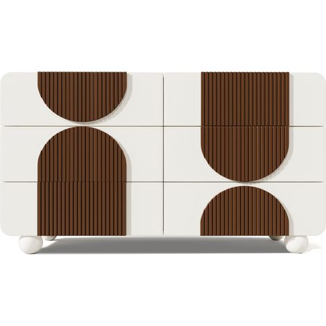 Cómoda de 6 cajones con diseño curvo, blanca con listones marrón chocolate, 121x71x41 cm (1/5)