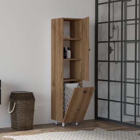 Hochschrank Cropani, 2 Regalböden, 2 Türen, Wäschekorb, 35x32x155h cm, Nussbaum Braun (1/4)