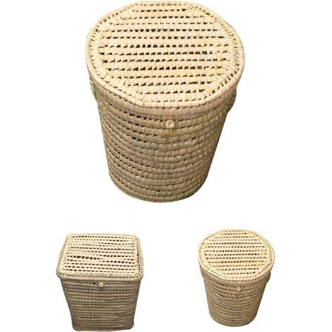 Pongotodo Cesta de Palma Natural con Tapadera y Asas - Almacenamiento en Modelos Redondo y Cuadrado para Ropa y Decoración  Redondo Grande - (1/5)