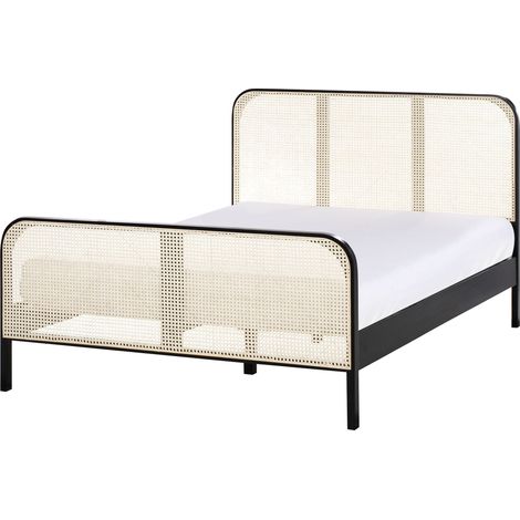 Letto matrimoniale 140 x 200 cm Base a doghe Testata a treccia viennese Legno di pino Nero Gonfaron