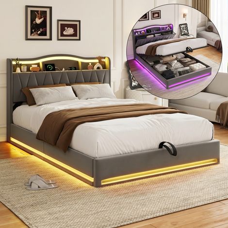 Cama 160x200 cm - Cama con canapé 160x200 cm - Cama para adultos con LED y 4 cajones - Cabecero con espacio de almacenamiento y puertos USB - Gris