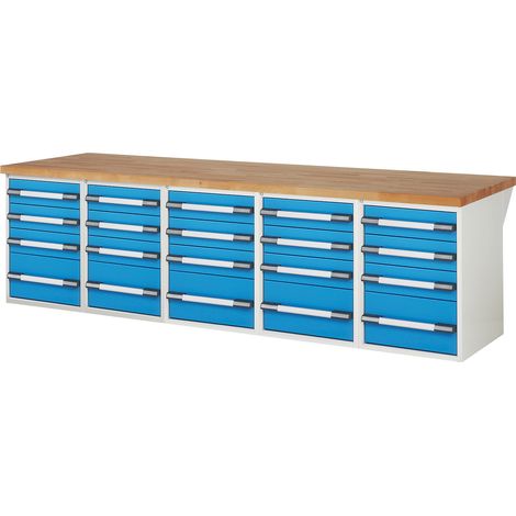 Établi modulable Série 7000 – Plateau en hêtre massif 3000mm – Charge maximale 1000kg – 20 tiroirs pour outils – Eurokraftpro (1/5)