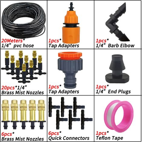 (KIT001--20M) Système de brumisation pour jardin, arrosage goutte à goutte extérieur, buses atomiseur en laiton 1/4'', tuyau 4/7 mm, pour serre ou parasol (1/5)