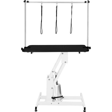 Tavolo Professionale Idraulico per Toelettatura Cani - Altezza Regolabile 55-101 cm, Capacità 180 kg, Piano 106x61 cm in Gomma Nero Antiscivolo, Struttura in Acciaio Bianco, 4 Piedini Livellanti, 3 Gu