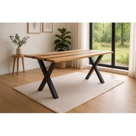 Esstisch 140 x 80 cm Akazie massiv natur mit schwarzen Resin-Adern X-Gestell schwarz PETER (1/4)