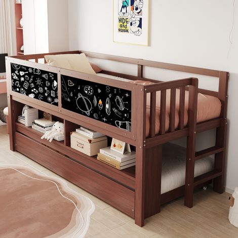 MEUBLIV Lit mezzanine enfant Lit gigogne en bois90 x 200 cm –avec rangement ouvert et panneau graffiti
