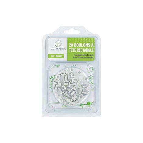 Set di 20 bulloni con testa rettangolare e filettatura M6x14mm con dadi universali. Si inseriscono nei montanti verticali delle serre.