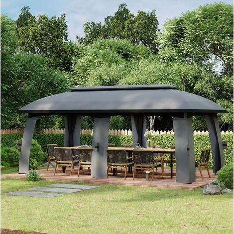 Pabellón de jardín de 3x6 m con doble techo, cortinas y mosquiteras, estructura metálica estable, poliéster gris oscuro. (1/5)
