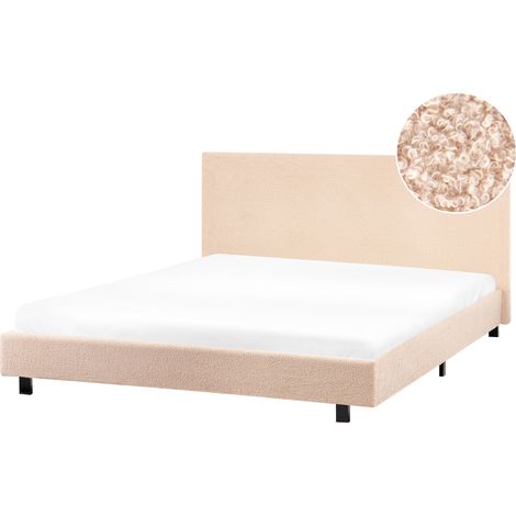 Cama doble tapizada bouclé 160 x 200 cm con somier y cabecero beige Albi