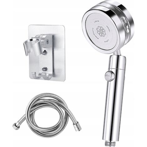 Pommeau de douche argenté avec flexible et support, fonction d'arrêt, 2 têtes (1/5)