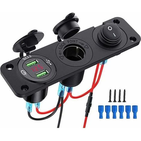 Prise USB 12V Encastrable Allume Cigare QC 3.0 Double Chargeur Interrupteur à Bascule Lumineux pour Voitures Bateaux Remorques Bus Noir (1/4)