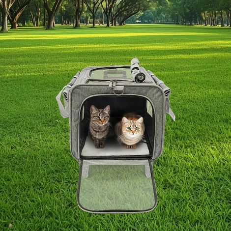 Sac de transport pour animal de compagnie avec deux compartiments et roulettes pour chat/chien, boîte de transport amovible avec poignée télescopique pour 2 chats/chiens, jusqu'à 17,5 kg, sac coucou (1/5)