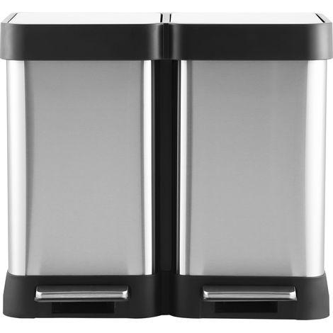 Poubelle de cuisine double 40L (2x20L) – Acier inoxydable couleur d'origine anti-traces – Ouverture à pédale, deux compartiments, couvercles silencieux – Pour déchets et recyclage (1/5)