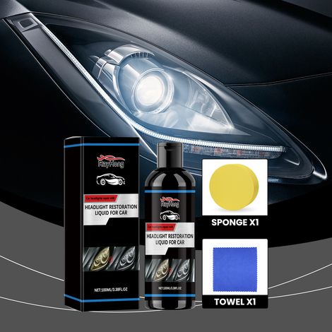 Scheinwerfer-Reparaturflüssigkeit für Kratzer, Vergilbung, Reinigung, Keramikversiegelung, Politur und Restaurierung – 100 ml Scheinwerfer-Reparaturflüssigkeit + 1 gelber runder Schwamm + 1 blaues Tuc (1/5)
