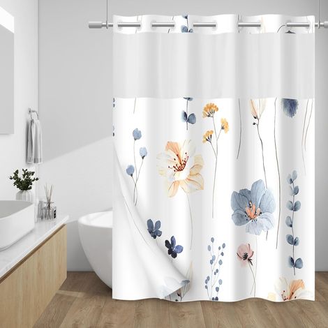 No Hook Shower Curtain with Snap in Liner - Watercolor Floral Shower Curtain - Fabric Waterproof Inner Liner, Plants Blue Beige Flowers White Cloth Shower Curtains Washable, 71 x 74 Inch (1/5)